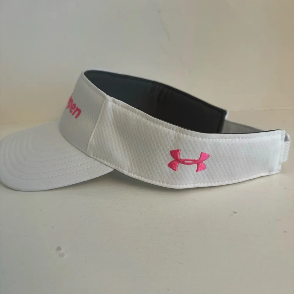 US Open Tennis Women’s Under Armour White Visor Hat with Pink Embroidered Logo